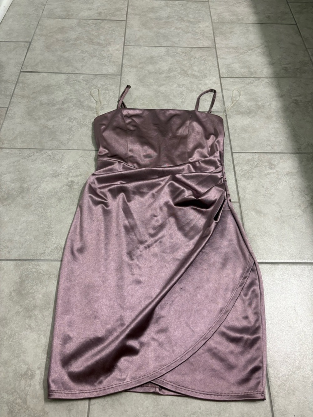 Satin Spaghetti-Strap Wrap Dress in Mauve